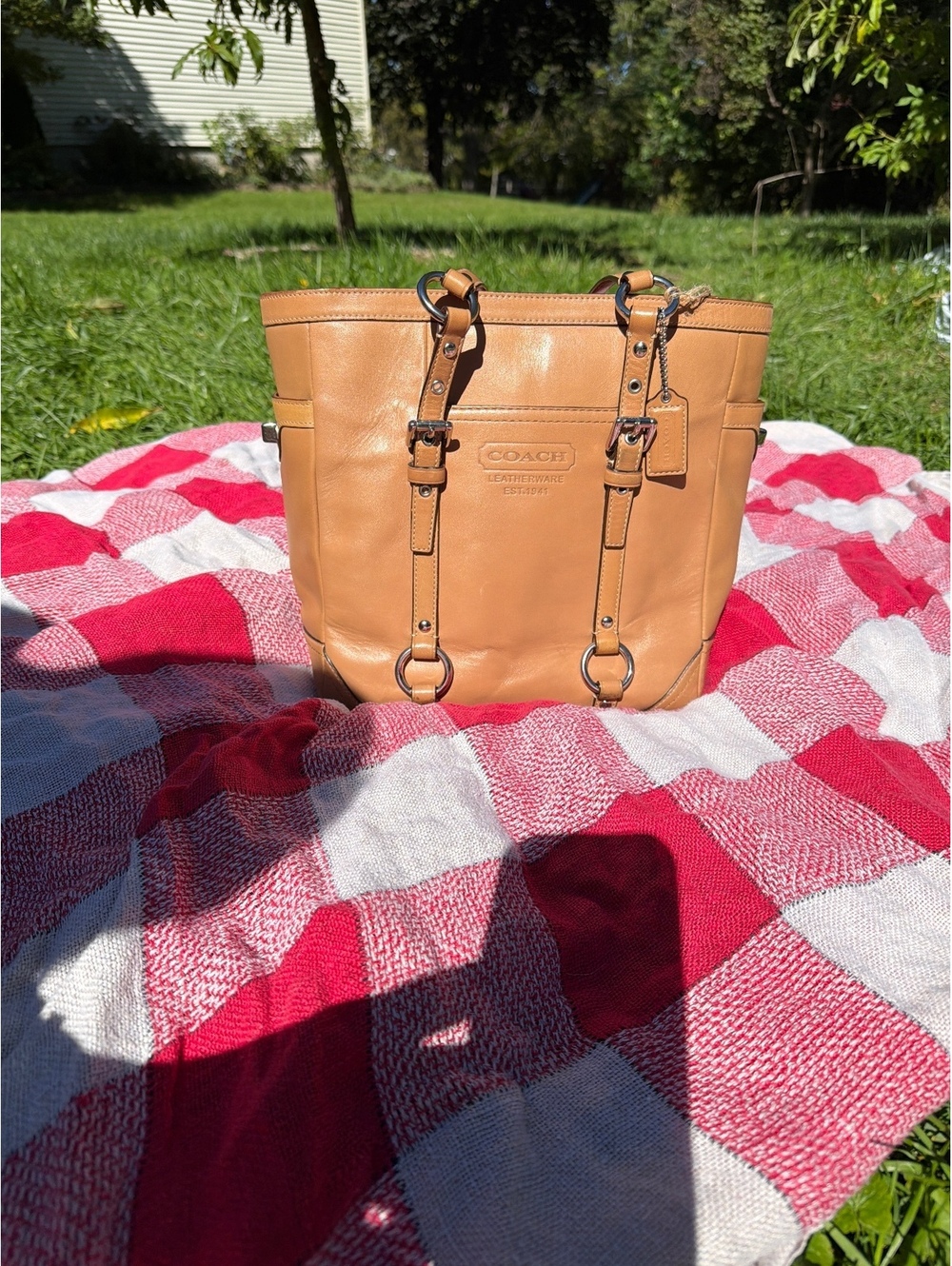 Vintage Coach Gallery Leather Tote Bag Tan Camel Buckle F11524 Y2K silver purse